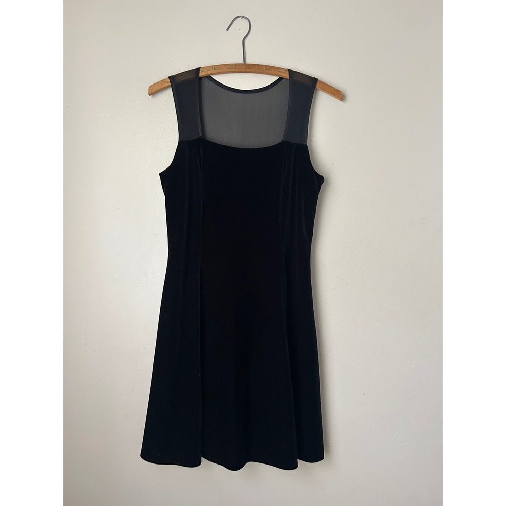 Vintage Betsy & Adam‎ Black Velvet Cocktail Dress Sleeveless Sheer Neck Glam